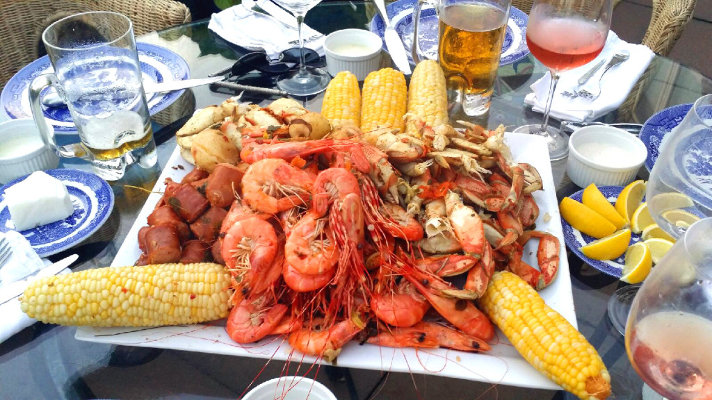 Spot prawns, dungeness crab, white prawns, chorizo, with corn and potatoes from my garden.